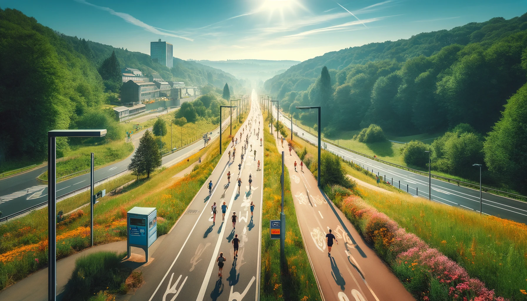 Hier ist das breite Panoramabild der Nordbahntrasse in Wuppertal, das den autofreien Jogging- und Radweg an einem sonnigen Tag zeigt. Das Bild betont die Freiheit und Sicherheit der Umgebung, ideal für sportliche Aktivitäten.