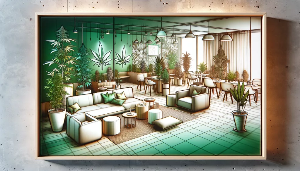 Eine künstlerische Darstellung eines modernen und einladenden Cannabis-Clubs, der eine sichere und regulierte Umgebung für den verantwortungsvollen Konsum unter Erwachsenen bietet.