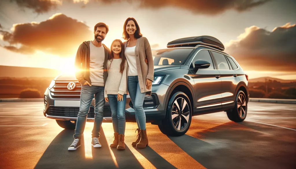 Eine glückliche Familie neben ihrem neuen Leasingauto, symbolisch für den Beginn neuer Abenteuer.