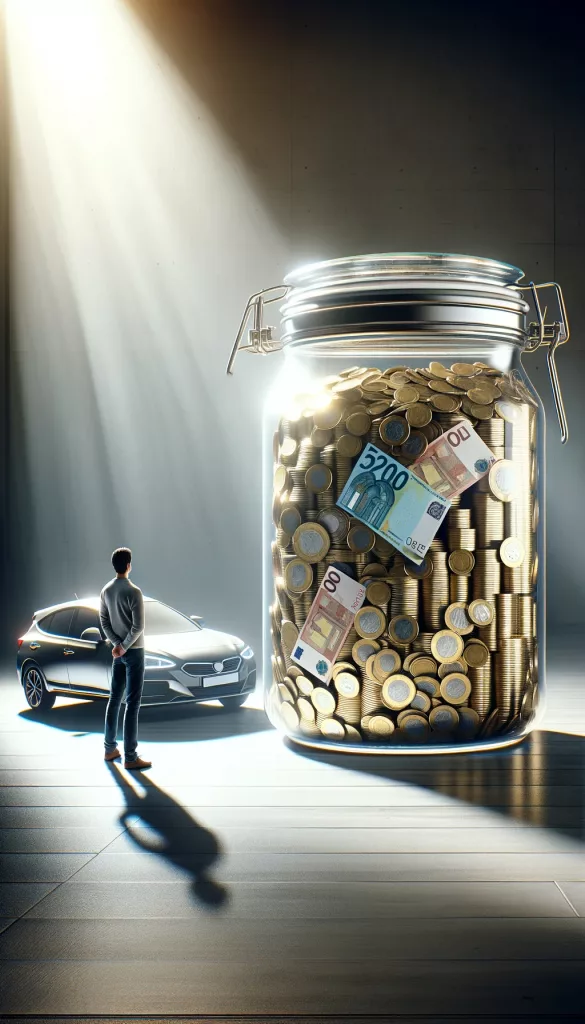 Eine Person steht nachdenklich vor einem großen Glasbehälter, der voller Münzen und Geldscheine ist, und symbolisiert ihre Ersparnisse für den Autokauf. Diese Darstellung reflektiert die Herausforderung, genügend Geld für eine Barzahlung zu sammeln.