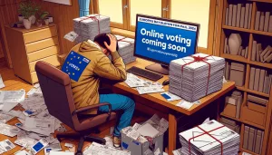 Ein Computer zeigt eine Webseite an, die auf die baldige Verfügbarkeit von Online-Wahlen hinweist. Das Bild veranschaulicht den Kontrast zwischen der traditionellen Papiermethode und möglichen digitalen Lösungen.