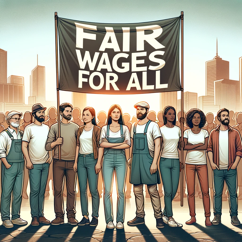 Ein Bild von Menschen unterschiedlicher Herkunft, die zusammenstehen und ein Banner mit der Aufschrift "Fair Wages for All" halten, zeigt die Hoffnung und Entschlossenheit im Kampf für gerechte Entlohnung.