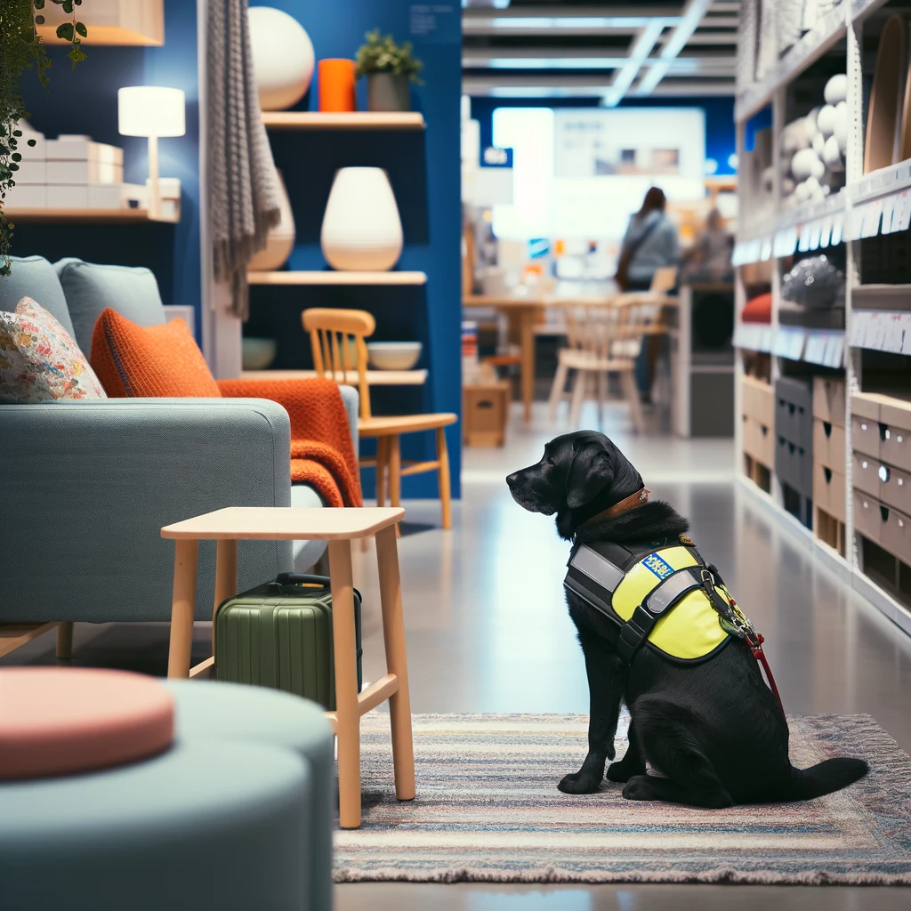 Ein Assistenzhund, der geduldig neben seinem Besitzer in einem IKEA-Warenhaus wartet.