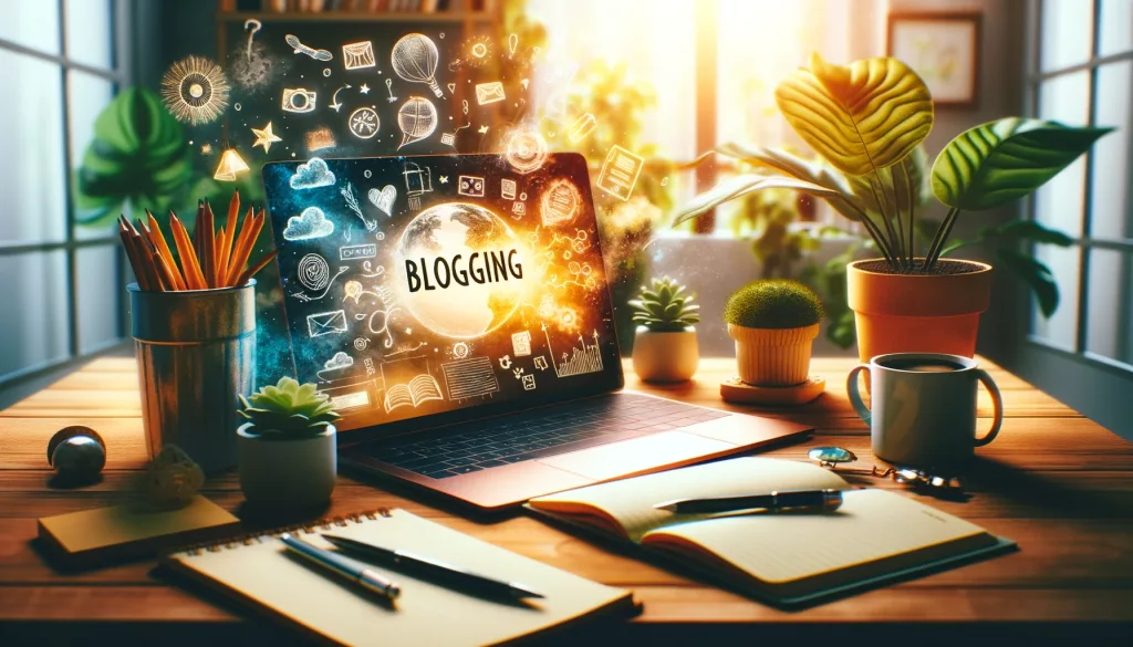 Ein lebendiger und einladender Arbeitsplatz, der die Essenz des kreativen Prozesses eines Bloggers einfängt, mit einem Laptop, der eine Blogging-Plattform anzeigt, umgeben von Notizen und einer Tasse Kaffee.