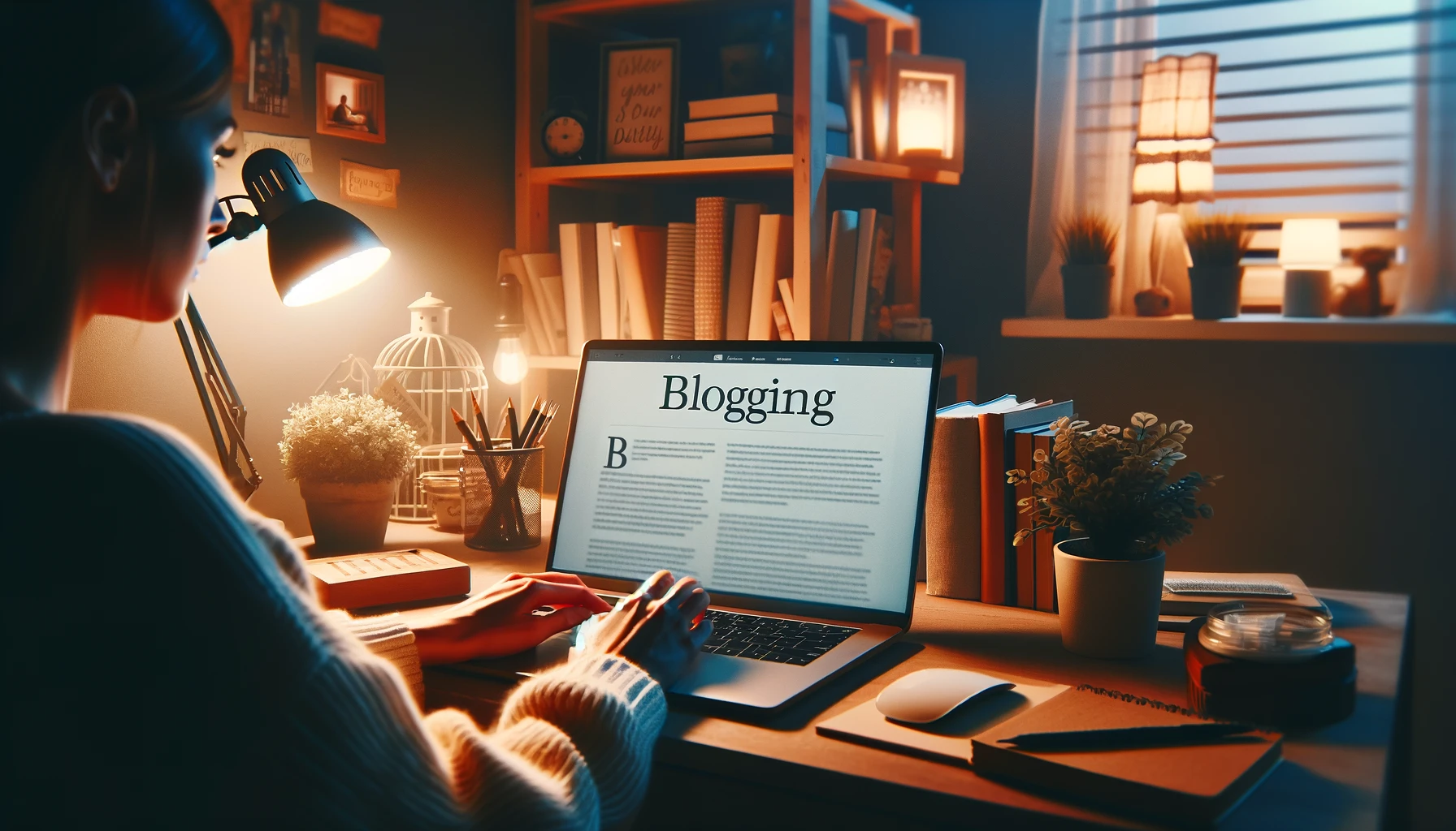 Eine gemütliche Abendszene, die einen Blogger zeigt, der an einem häuslichen Arbeitsplatz an einem Laptop tippt, beleuchtet von weichem Licht, was die persönliche Note und Authentizität widerspiegelt, die das Bloggen in die digitale Welt bringt.