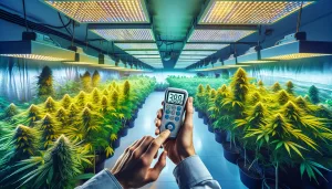 Das Bild zeigt einen gut beleuchteten Raum für den Cannabisanbau mit gesunden Pflanzen unter LED- und HID-Lampen. Eine Person misst die Lichtintensität mit einem Luxmeter. Hier kannst du den Raum in Aktion sehen!