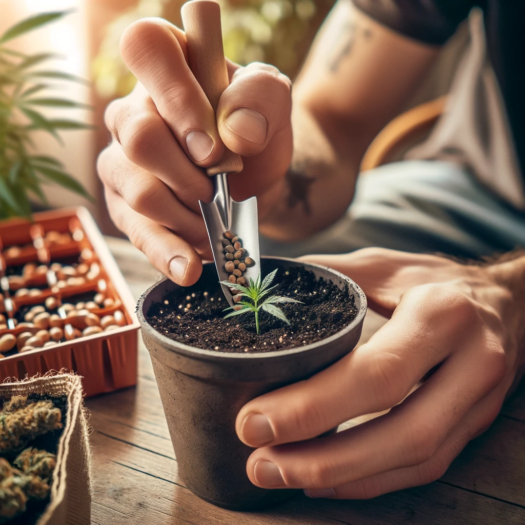 Eine Nahaufnahme der Hände einer Person, die Cannabis-Samen in einen Topf pflanzt, was das legale Recht zum Eigenanbau zu Hause symbolisiert.