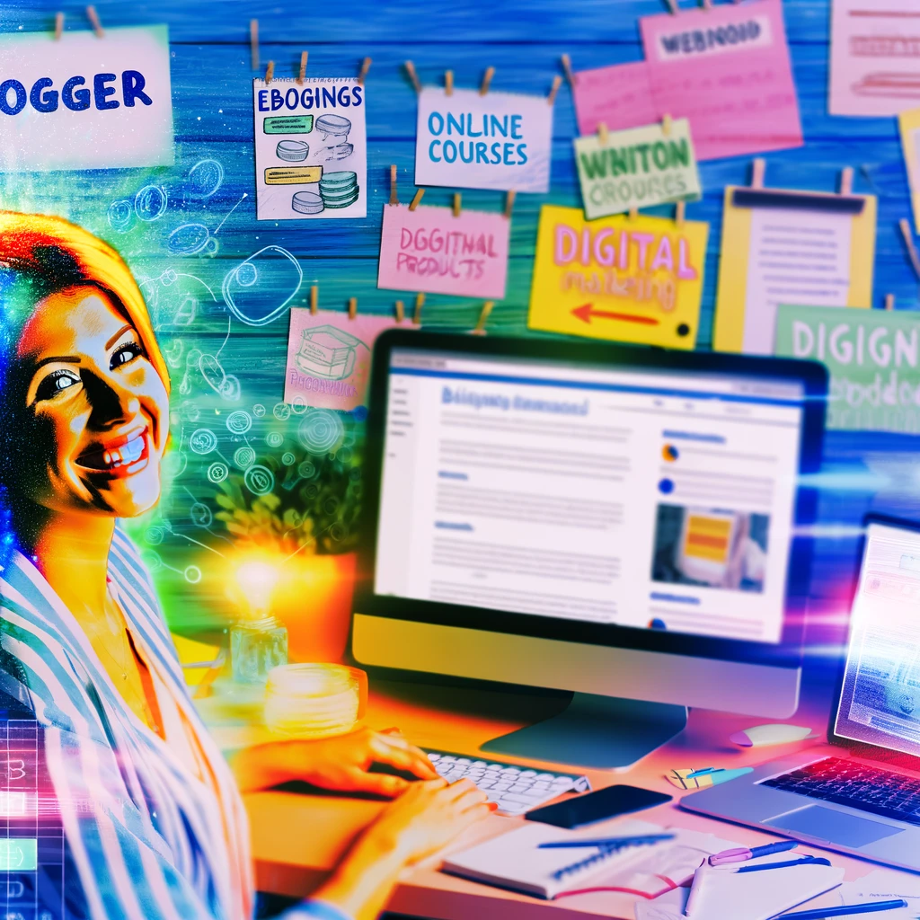 Szene eines Bloggers an seinem Arbeitsplatz, umgeben von digitalen Produkten auf seinem Bildschirm
