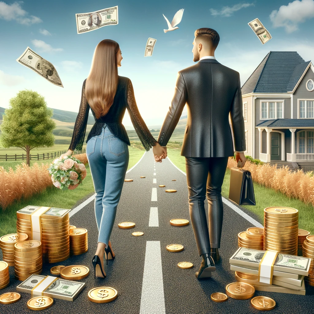 Ein elegantes Paar, das Hand in Hand auf einem mit Goldmünzen und Banknoten gepflasterten Weg entlanggeht, der zu einem schönen Haus in der Ferne führt.