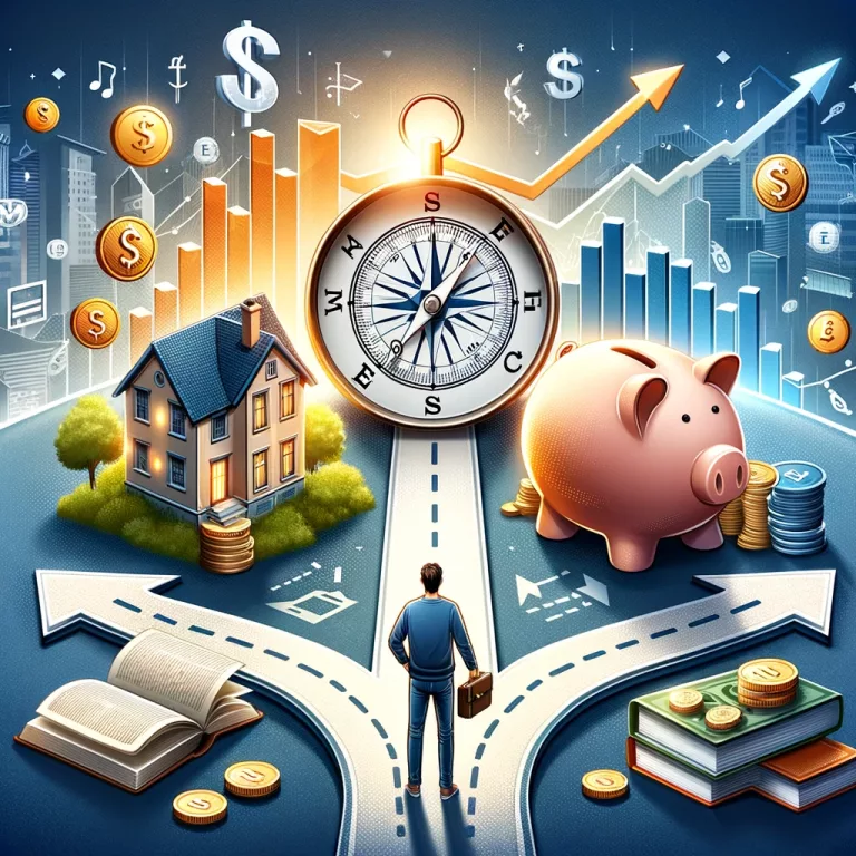 Eine Illustration zeigt eine Person an einer Wegkreuzung mit einem Kompass, der zu Zielen wie einem Haus für Immobilieninvestition, einem Sparschwein, Büchern und einem Aktiendiagramm weist, umgeben von globalen Währungssymbolen, die finanziellen Erfolg durch Bildung symbolisieren.