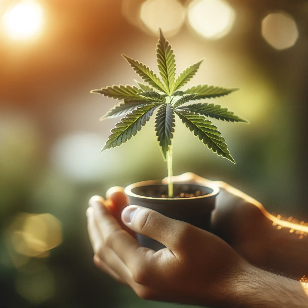 Nahaufnahme einer Hand, die eine kleine, gesunde Cannabis-Pflanze in einem Topf hält. Ein Symbol für das neue legale Recht, Cannabis zu Hause anzubauen.