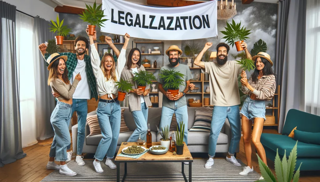 Eine Gruppe Erwachsener feiert die Legalisierung von Cannabis in einem stilvoll dekorierten Wohnzimmer. Die Stimmung ist ausgelassen, und im Hintergrund ist ein Banner mit der Aufschrift "Legalization Party" zu sehen.