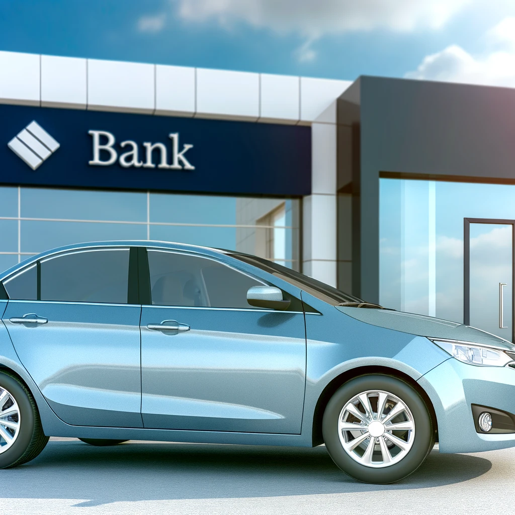 Ein glänzendes neues Auto, geparkt vor einem Bankgebäude, das die Finanzierung eines neuen Fahrzeugs veranschaulicht.