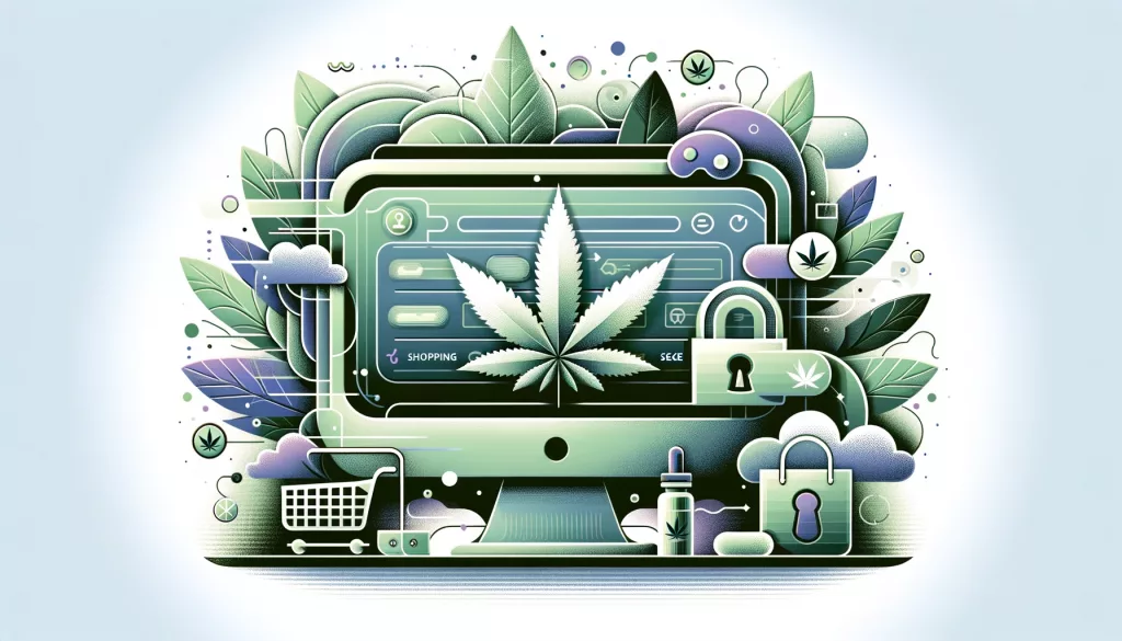 Ich habe ein weiteres Bild im Querformat erstellt, das das Thema des Online-Bestellens von Cannabis-bezogenen Produkten auf abstrakte Weise visualisiert.