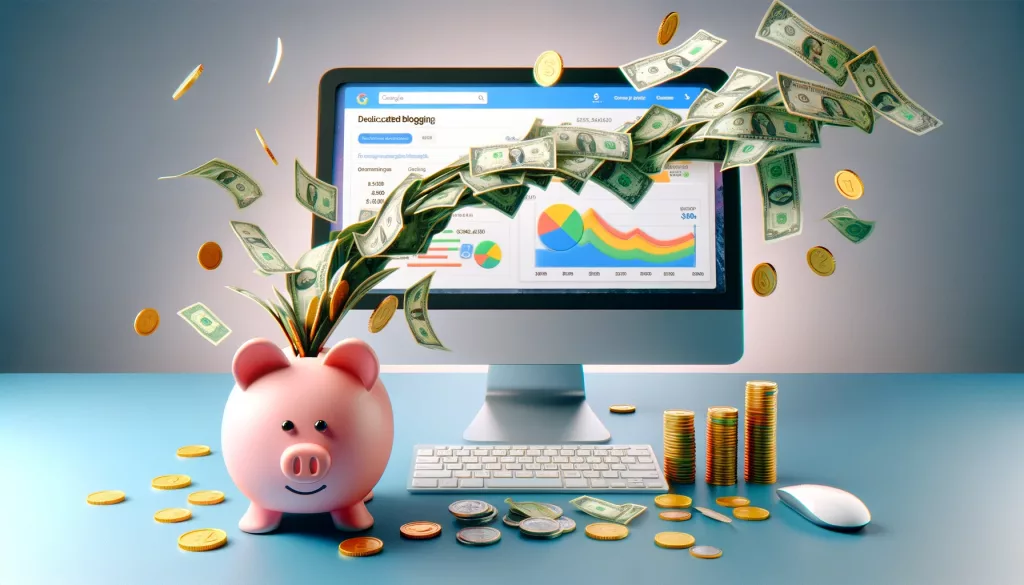 Ein konzeptionelles Bild, das den Geldfluss von einem Computerbildschirm zu einem Sparschwein zeigt, was die Einnahmen aus einem Blog durch Google AdSense symbolisiert.