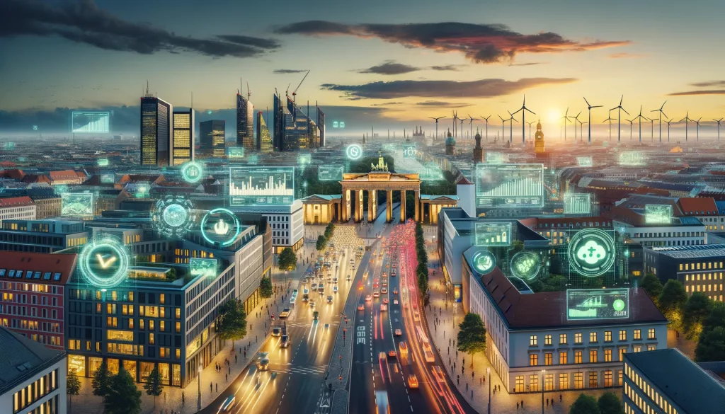 Eine futuristische Ansicht Berlins bei Dämmerung. Es vereint historische Wahrzeichen wie das Brandenburger Tor mit moderner Architektur und digitalen Verbesserungen, um Berlins Führungsrolle in Innovation und Nachhaltigkeit zu verdeutlichen.