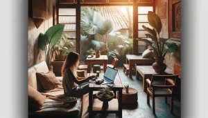 Ein digitaler Nomade arbeitet in einem gemütlichen Café umgeben von exotischen Pflanzen.